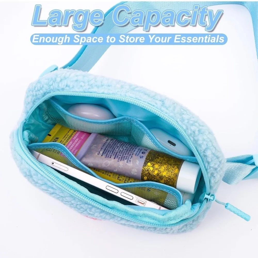 Fluffy Blue Kids Pouch with Pink Initial H